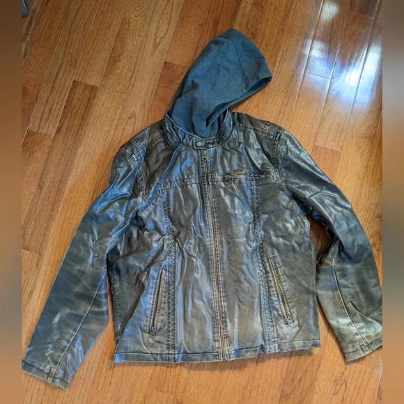 Levi's Chocolate Brown Faux Leather Gray Hoodie Thick Moto Winter Jacket Men's L - Picture 1 of 9